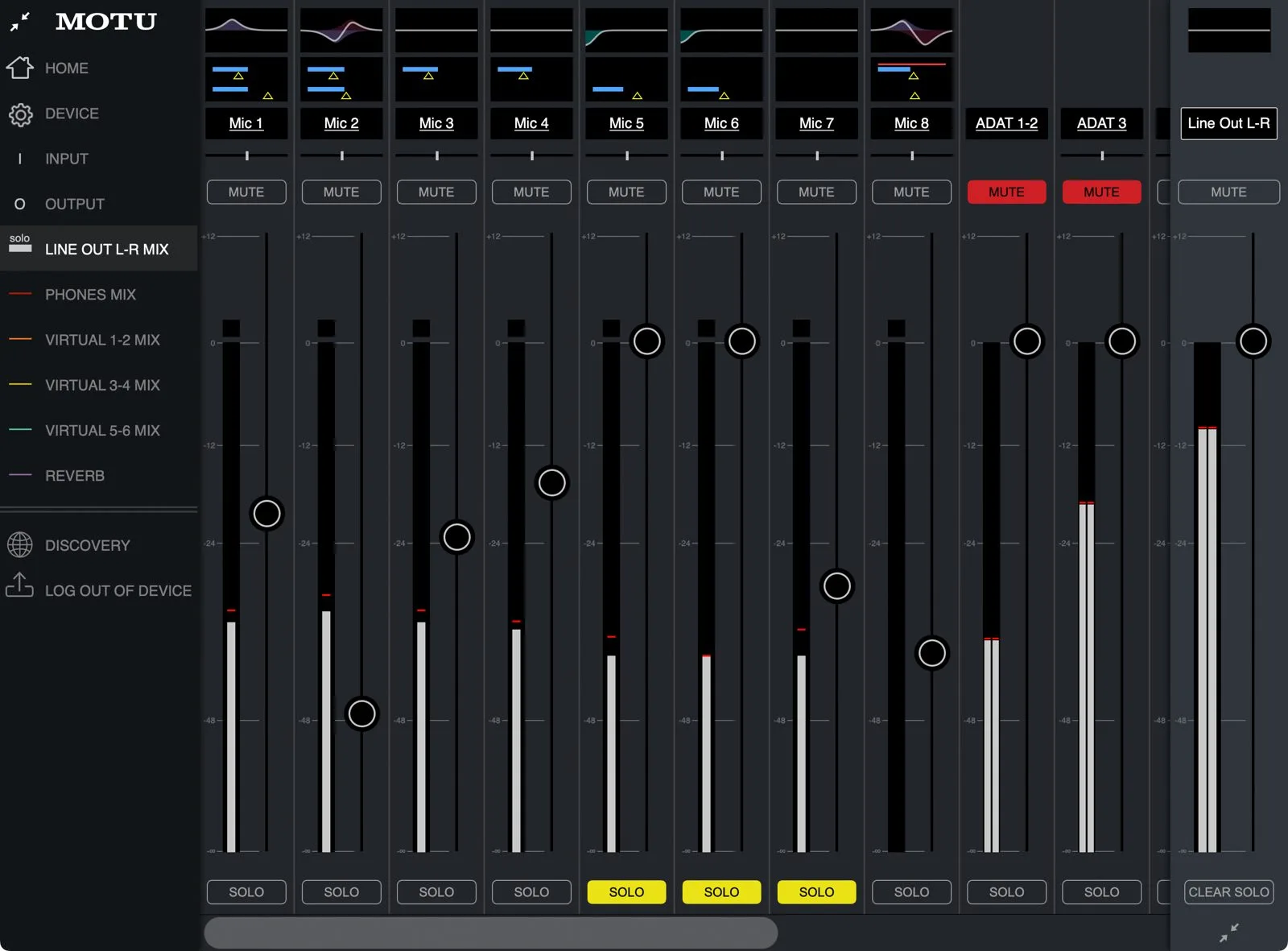 Le mélangeur DSP CueMix 5 du MOTU OctaLite avec réverbération, dynamique et égaliseur