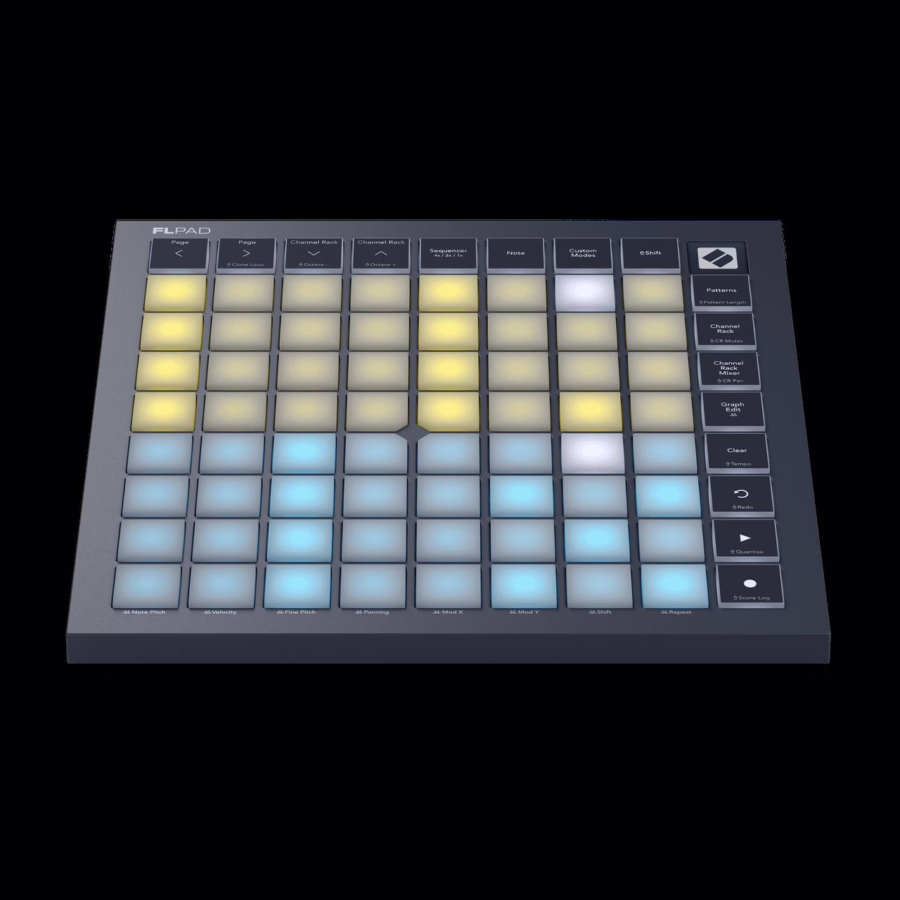 Novation FLpad vu de face en légère plongée, pads et commandes dédiées