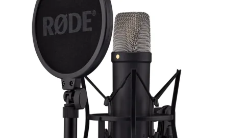 Micro statique de studio sur sa suspension avec filtre anti-pop, prêt pour une prise de voix