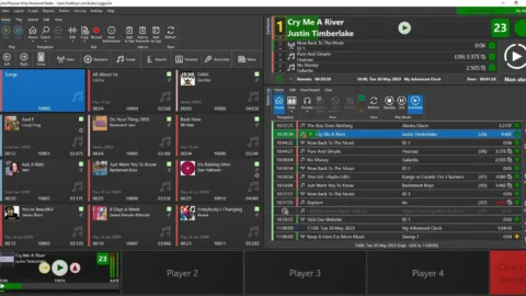 Interface d'un logiciel de playout radio en mode sombre, avec la conduite et la liste des titres