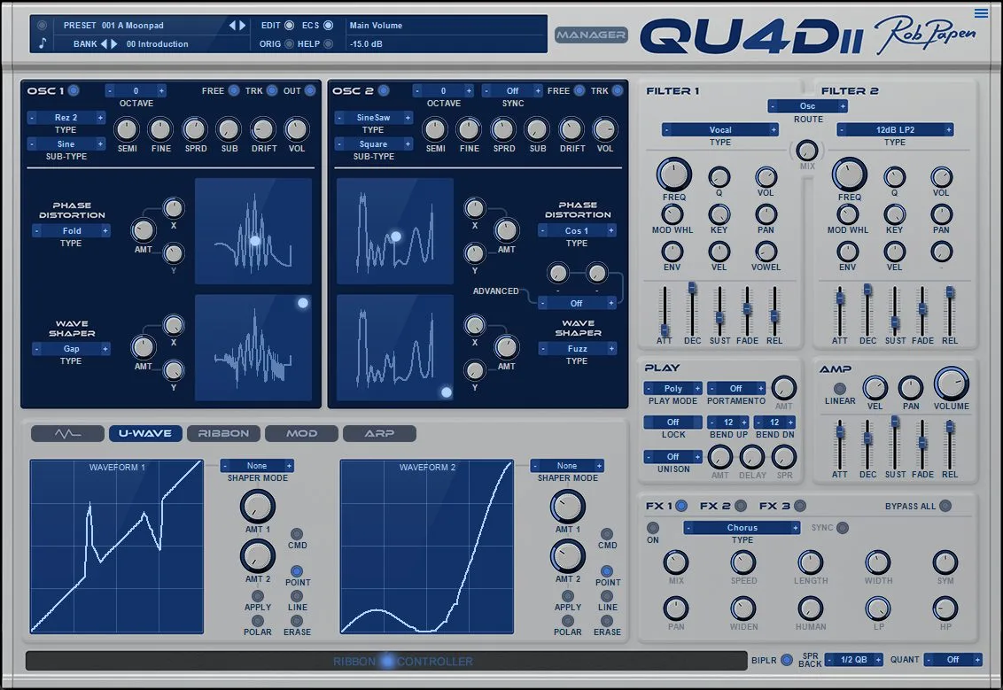 The U-WAVE section of Rob Papen QUAD 2 for phase distortion and wave shaping