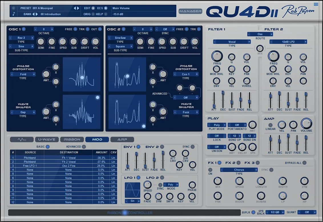 The Rob Papen QUAD 2 modulation matrix linking sources and destinations