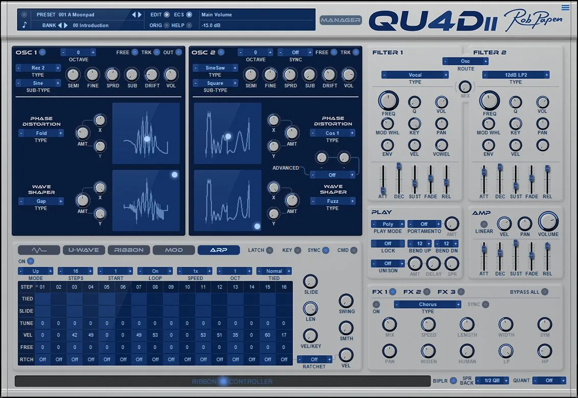 The Rob Papen QUAD 2 arpeggiator with ratcheting and a Free row