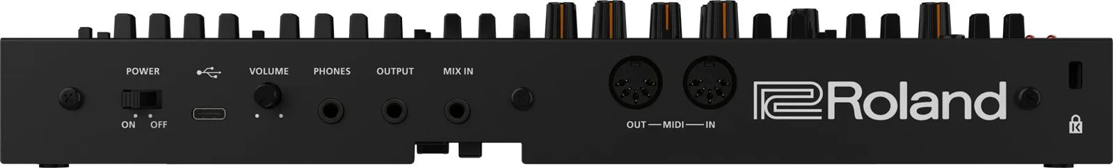 Rear I/O of the JUPITER-08: USB-C, 5-pin MIDI and audio jacks