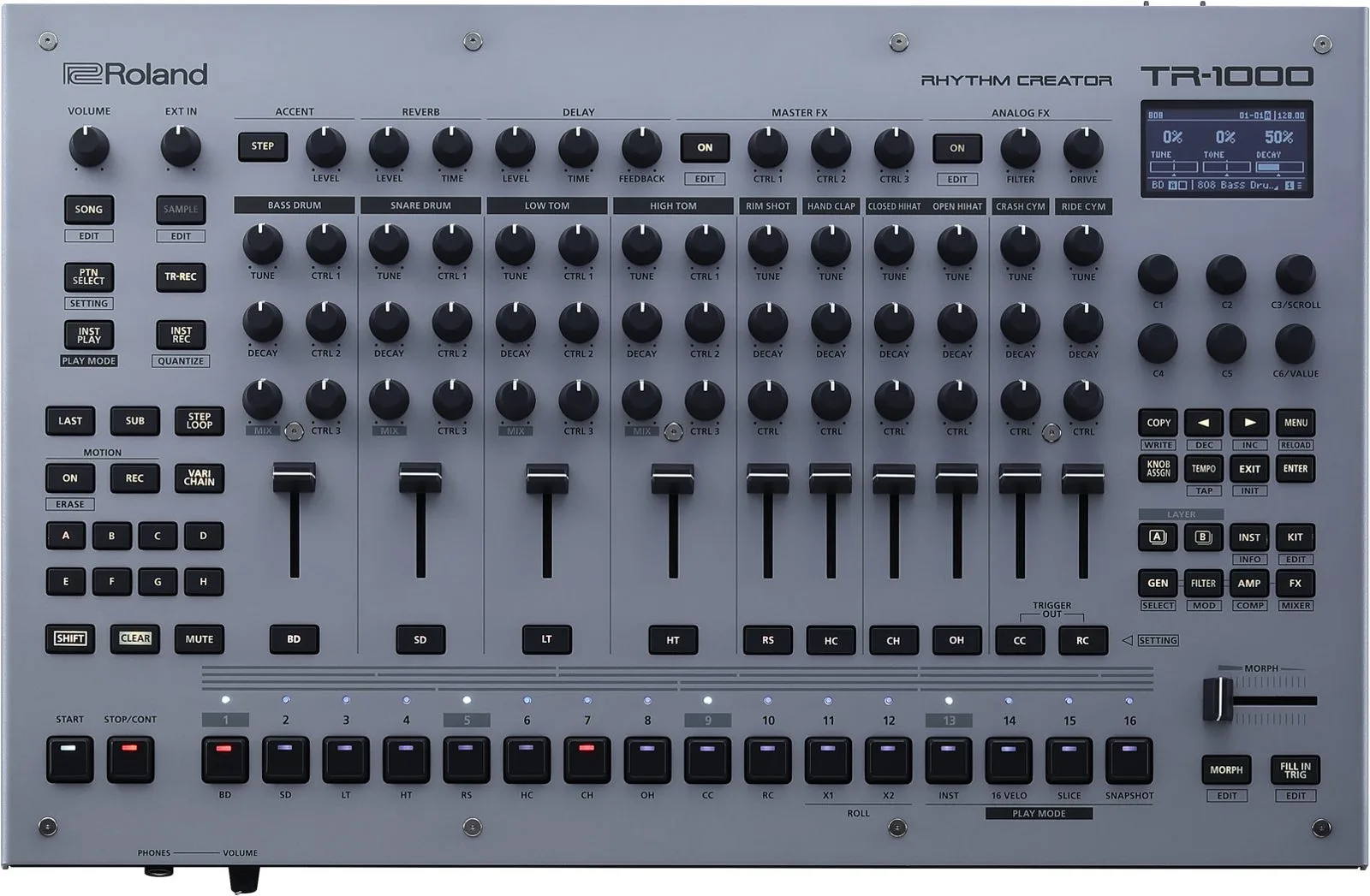 Top view of the Roland TR-1000 and its controls