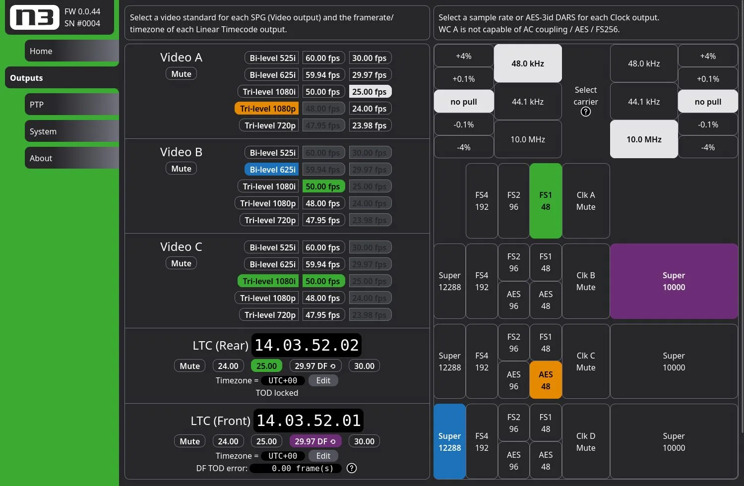Web configuration interface of the Rosendahl nanosyncs n3