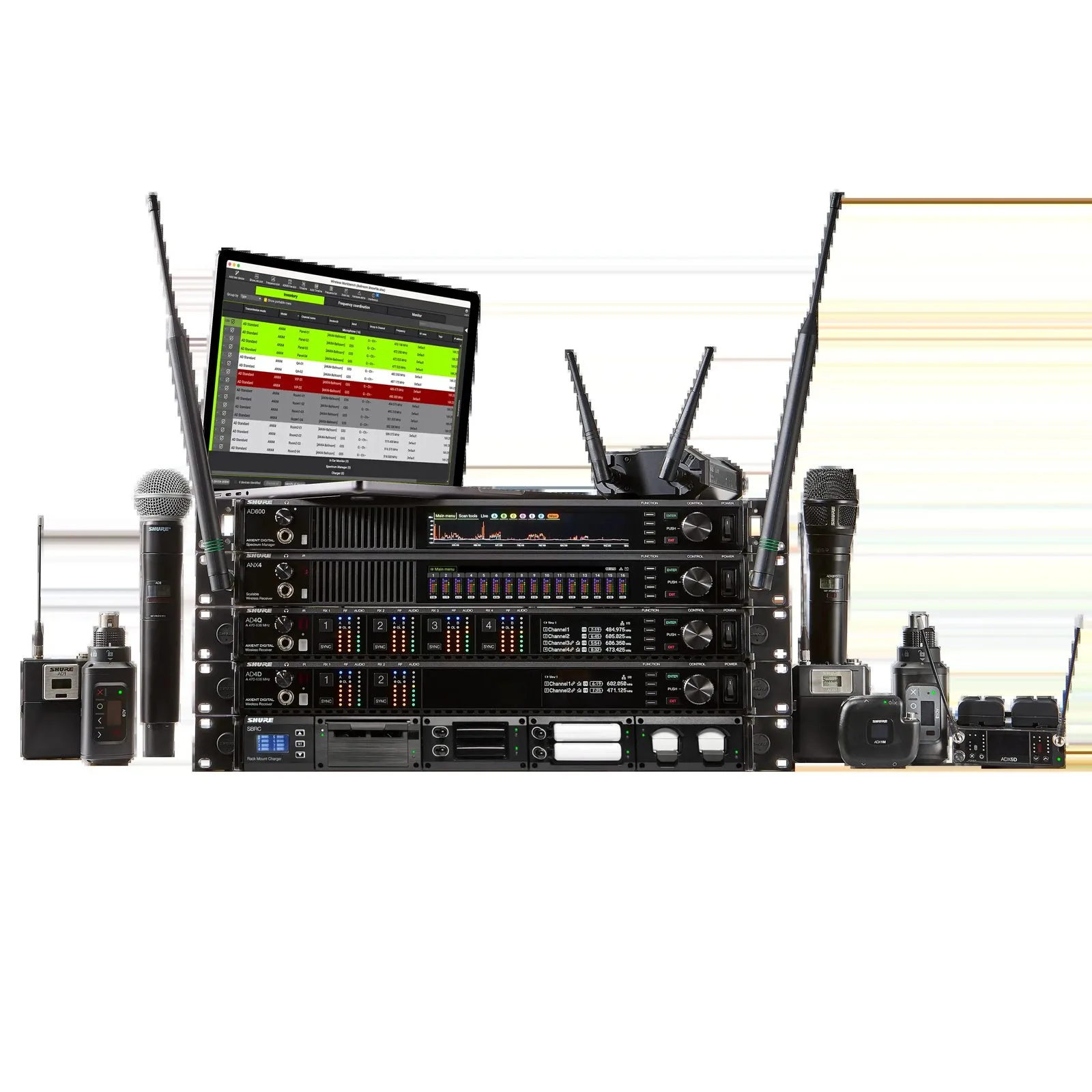Rack de récepteurs Shure Axient Digital AD4Q et AD4D avec le gestionnaire de spectre AD600 et le récepteur ANX4