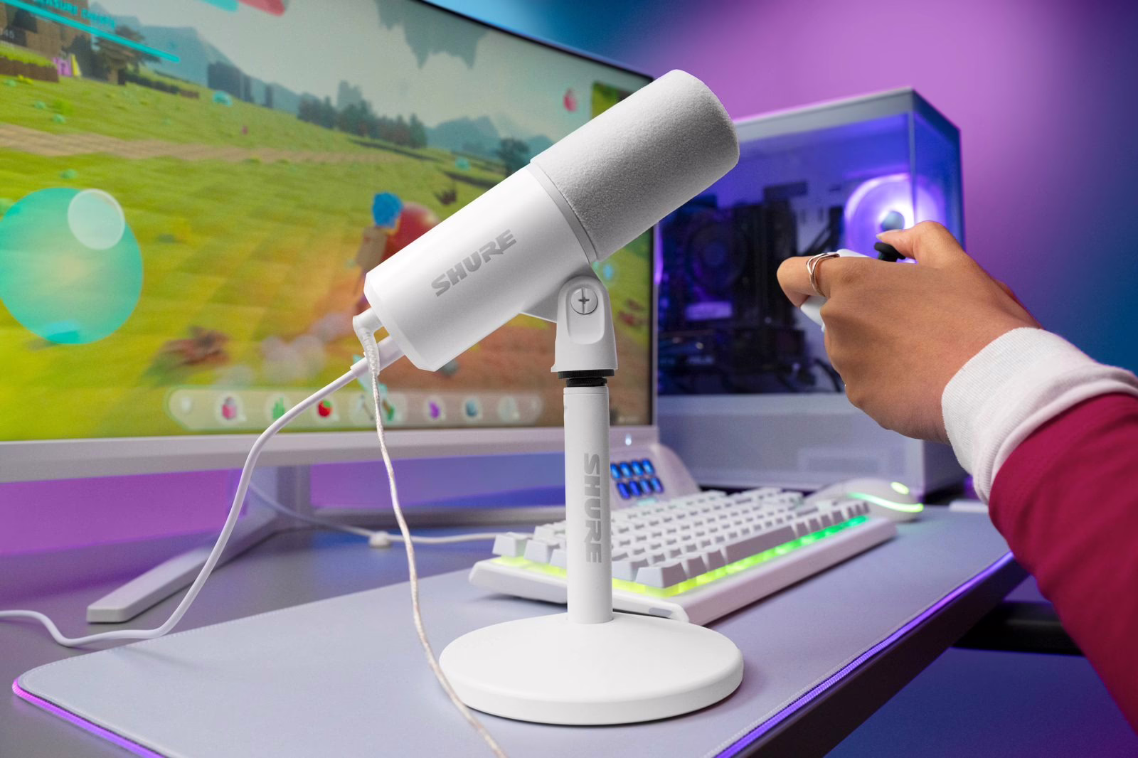 Shure MV6 Gen 2 blanc en gros plan avec la touche de coupure tactile