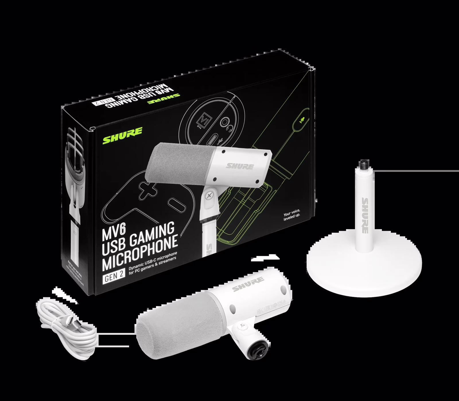 Contenu de la boite du Shure MV6 Gen 2 blanc : micro, pied de bureau et cable USB-C