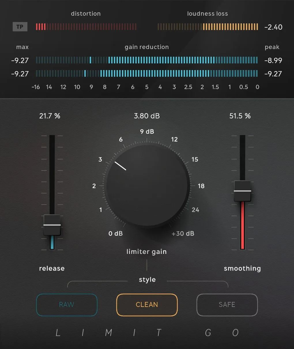 Interface compacte du limiteur Softube Limit Go avec ses modes Raw, Clean et Safe