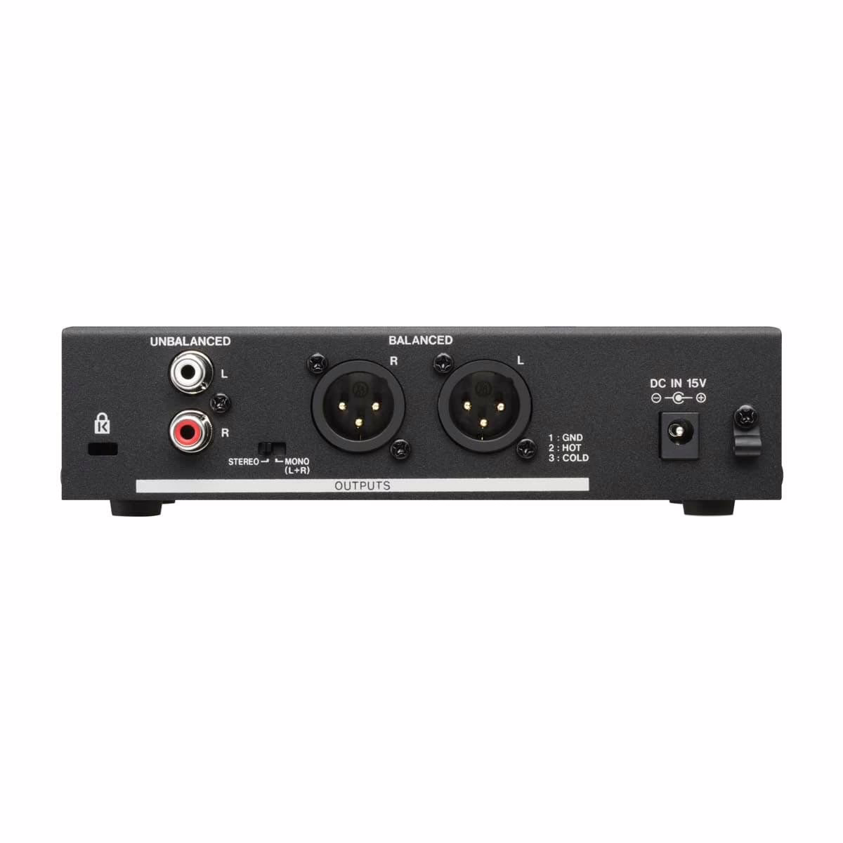 Tascam RX-BT10MKII rear panel: balanced XLR outputs, RCA and stereo/mono switch