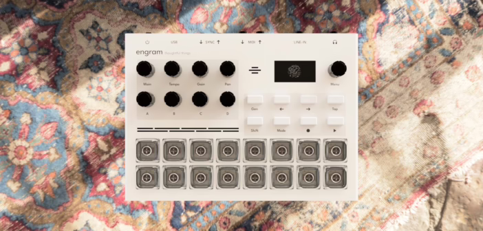 Le sampler-groovebox Thoughtful Things Engram vu de dessus, avec ses pads, son écran et ses potentiomètres