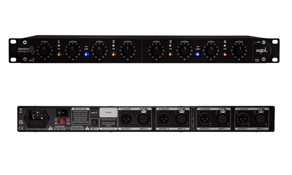 Face avant d'un transient designer : des commandes Attaque et Sustain par canal