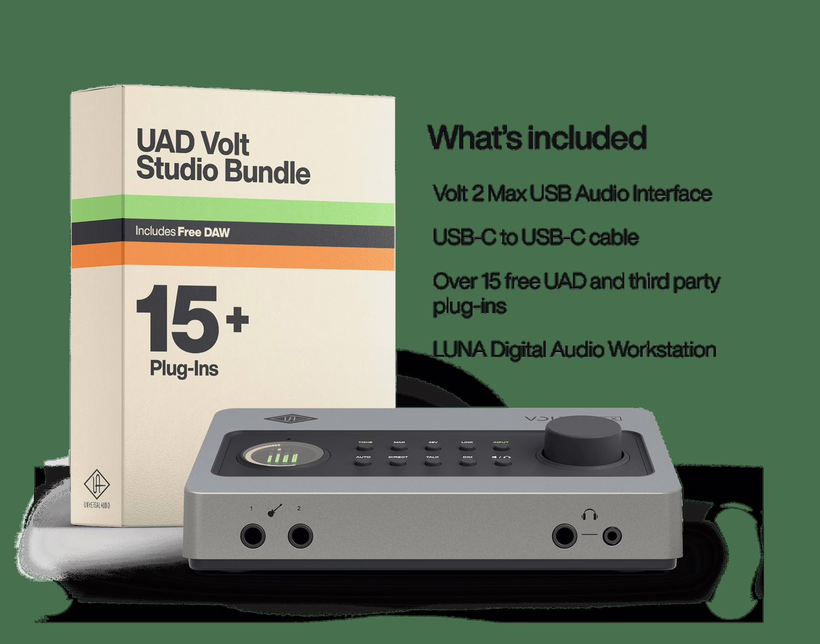 Top view of the Universal Audio Volt 2 Max with its color Smart Display