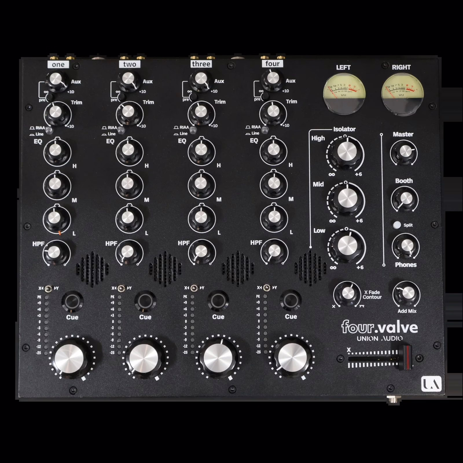 Vue de dessus du Union Audio four.valve : quatre voies, isolateur trois bandes et VU-mètres