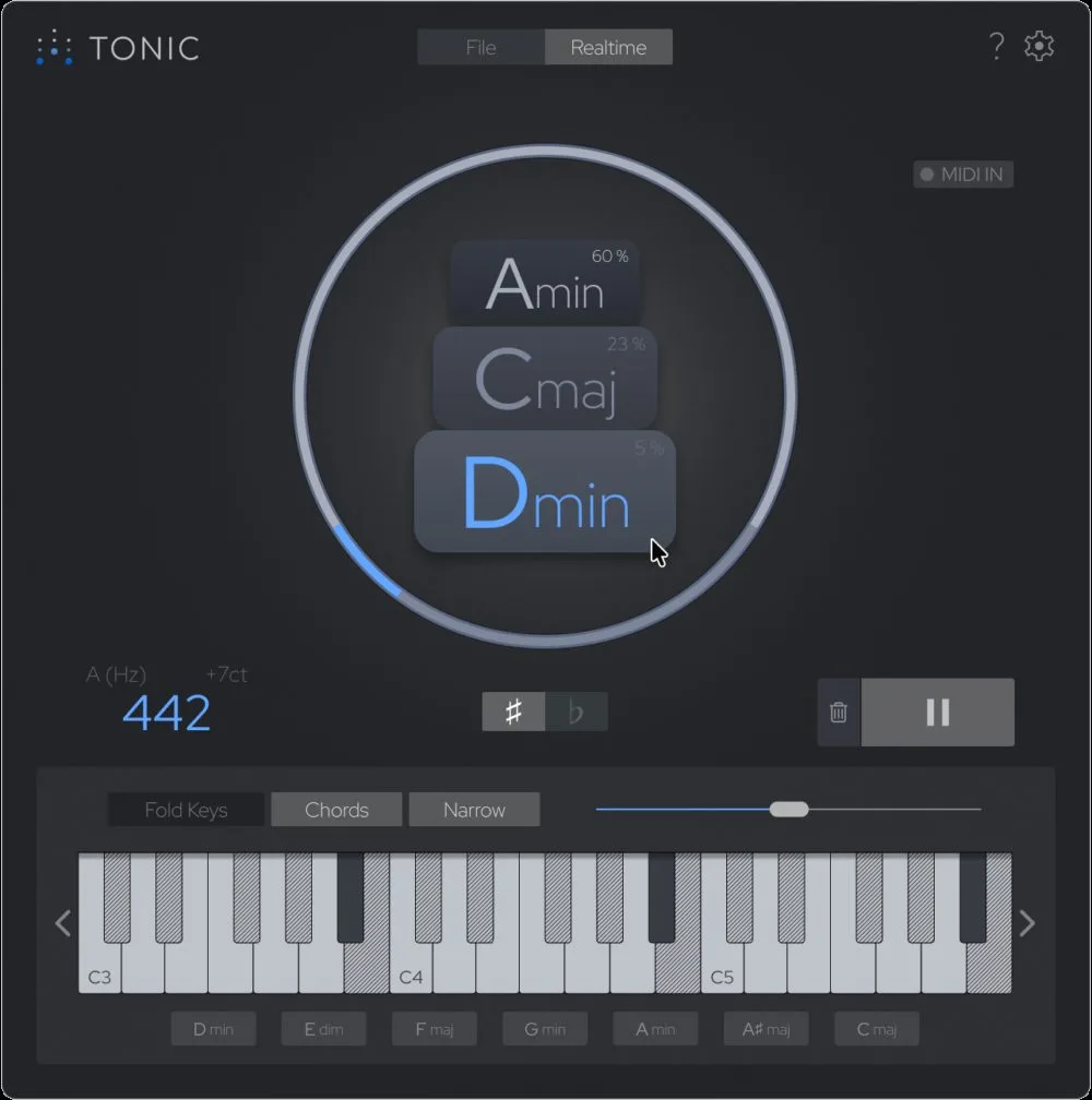 L'analyse en temps reel ou hors ligne d'un fichier audio ou MIDI dans TONIC 2
