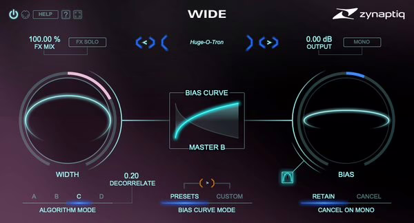 Interface du plugin zynaptiq WIDE avec les reglages Width, Decorrelate, Bias et la courbe de frequence