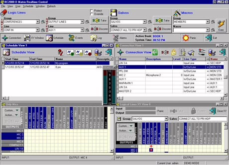 Le logiciel BC2000 D Matrix Realtime Control : gestion des lignes logiques, des salvos et des macros en haut, vue de programmation horaire et vue des connexions au centre, matrices XY des micros de service et des lignes logiques en bas.