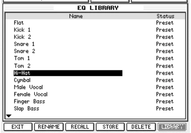Écran de l'Akai DPS24, bibliothèque d'EQ (capture du manuel)
