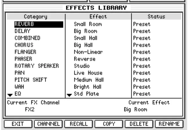 Écran de l'Akai DPS24, bibliothèque d'effets (capture du manuel)