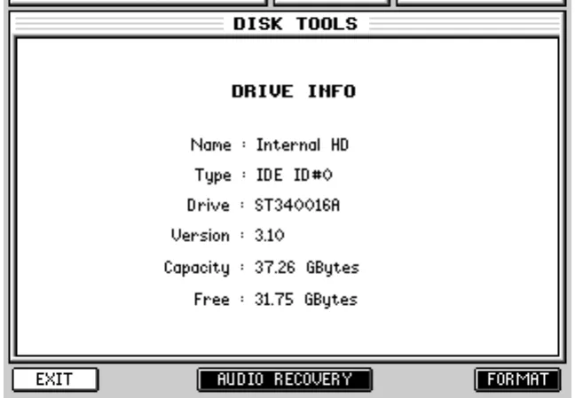 Écran de l'Akai DPS24, DISK TOOLS, informations du disque (capture du manuel)
