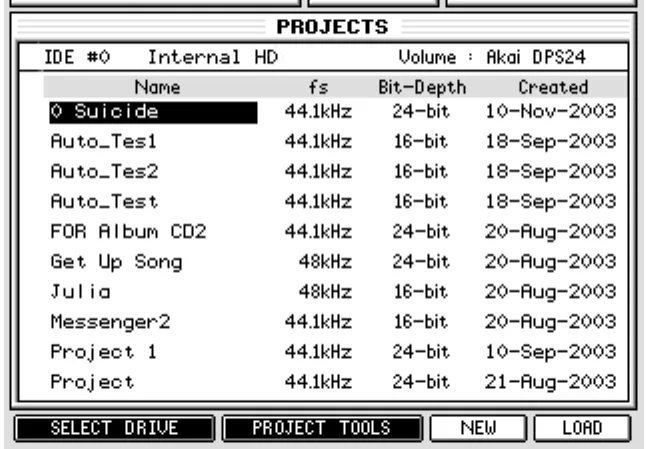 Écran de l'Akai DPS24, PROJECTS, liste des projets du disque (capture du manuel)