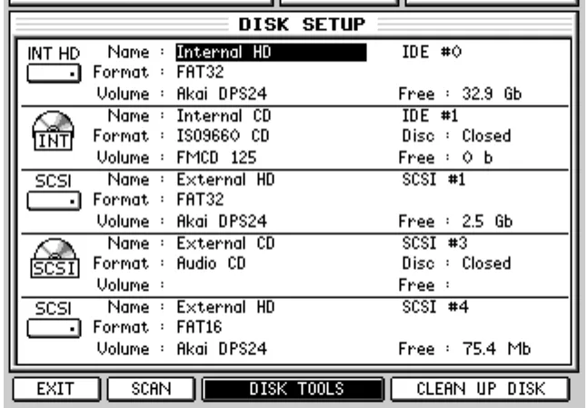 Écran de l'Akai DPS24, DISK SETUP, disques connectés (capture du manuel)