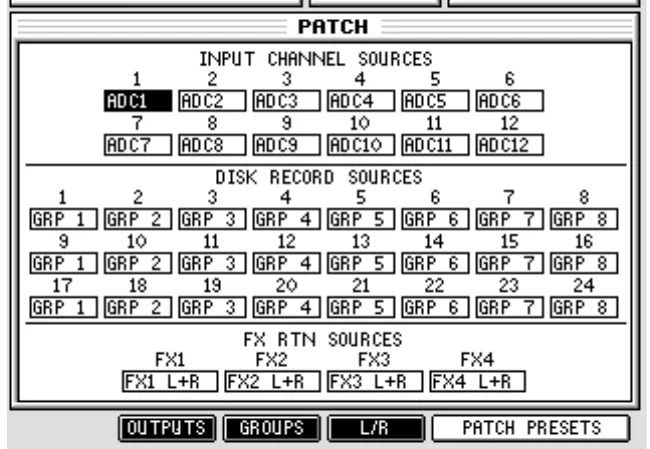 Écran de l'Akai DPS24, PATCH, sources des voies et des pistes (capture du manuel)