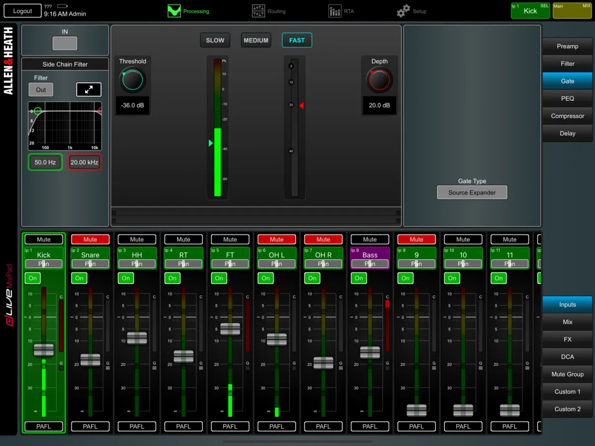 dLive MixPad sur iPad : page Gate
