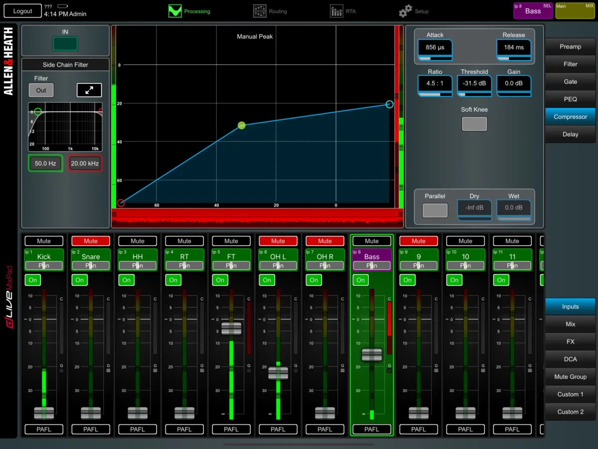 dLive MixPad sur iPad : page Compresseur