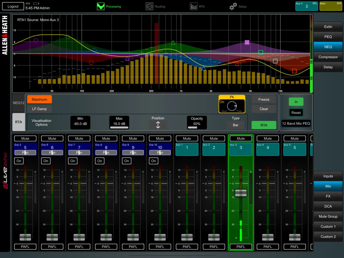 dLive MixPad sur iPad : vue de mix avec EQ et RTA