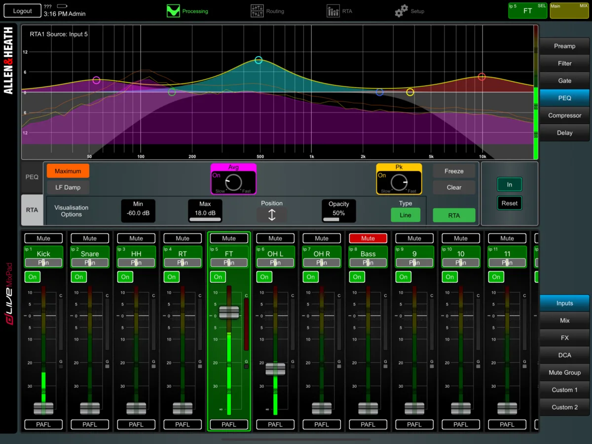 dLive MixPad sur iPad : EQ paramétrique avec RTA