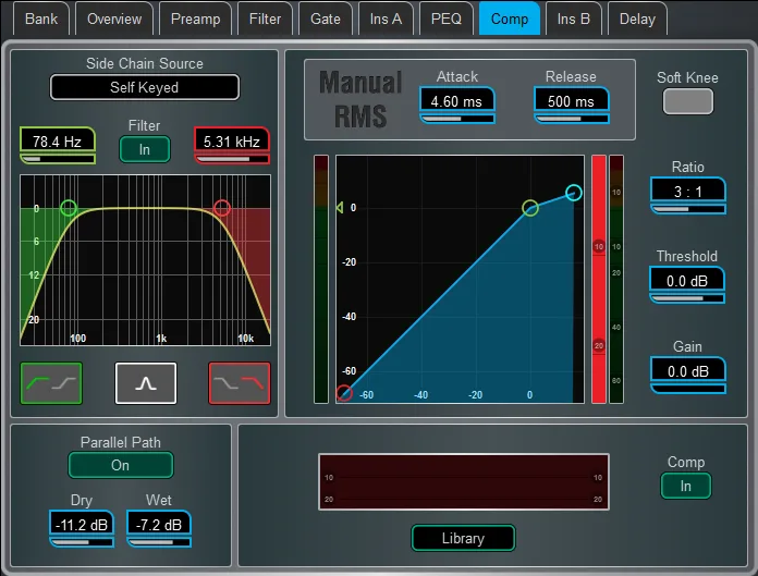 Écran Harmony UI de la dLive, page Compresseur. Page commune à toutes les surfaces dLive (Firmware Reference Guide V2.0)