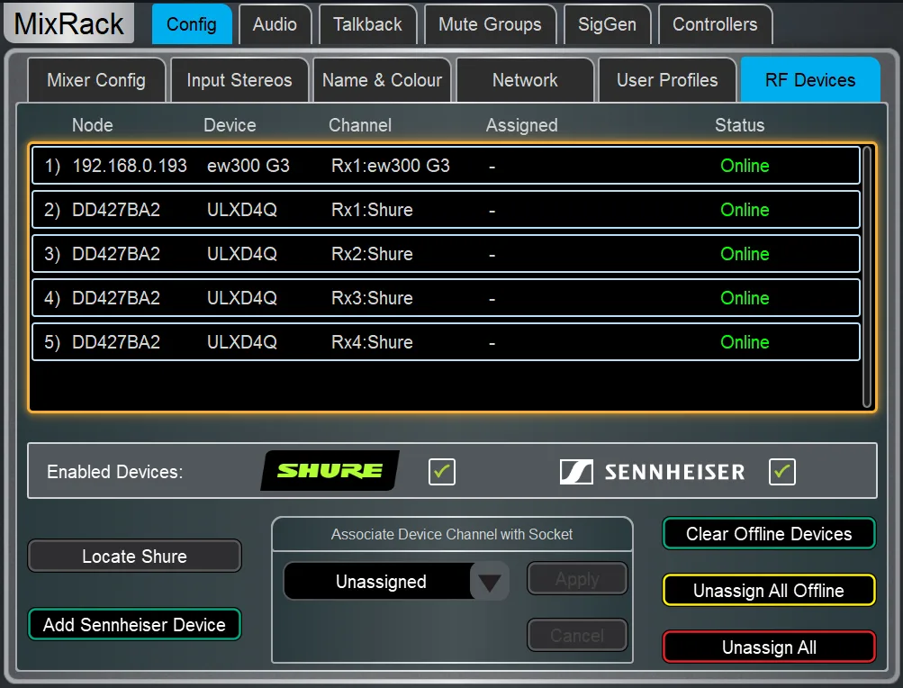 Écran Harmony UI de la dLive, page RF Devices. Page commune à toutes les surfaces dLive (Firmware Reference Guide V2.0)