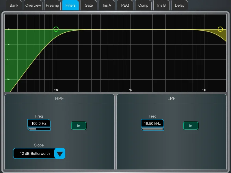 Écran Harmony UI de la dLive, page filtres HPF et LPF. Page commune à toutes les surfaces dLive (Firmware Reference Guide V2.0)