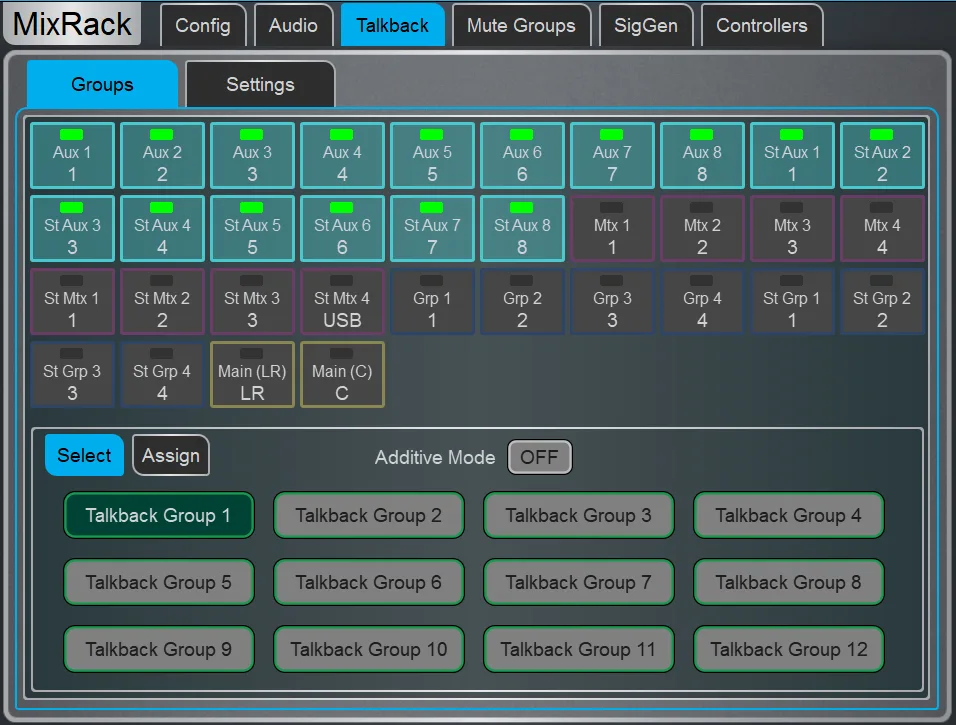Écran Harmony UI de la dLive, page Talkback. Page commune à toutes les surfaces dLive (Firmware Reference Guide V2.0)