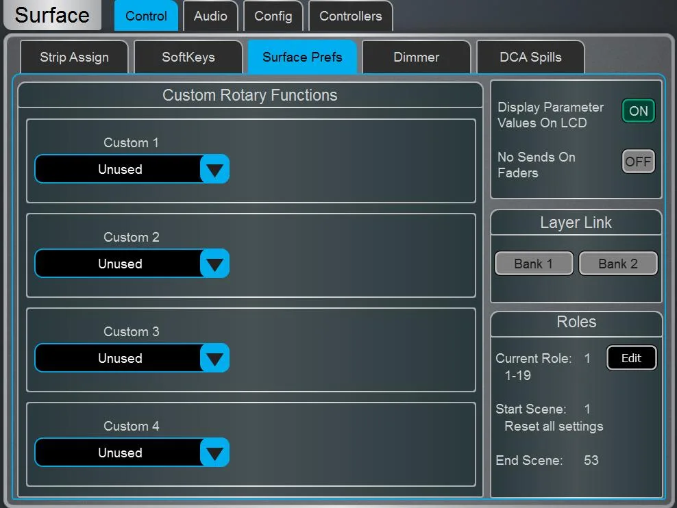Écran Harmony UI de la dLive, page Surface Prefs. Page commune à toutes les surfaces dLive (Firmware Reference Guide V2.0)