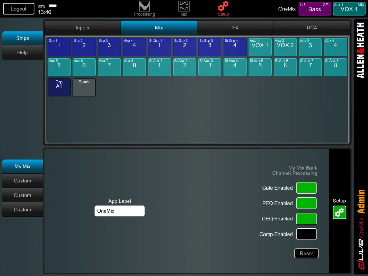 dLive OneMix sur iPad : page Setup