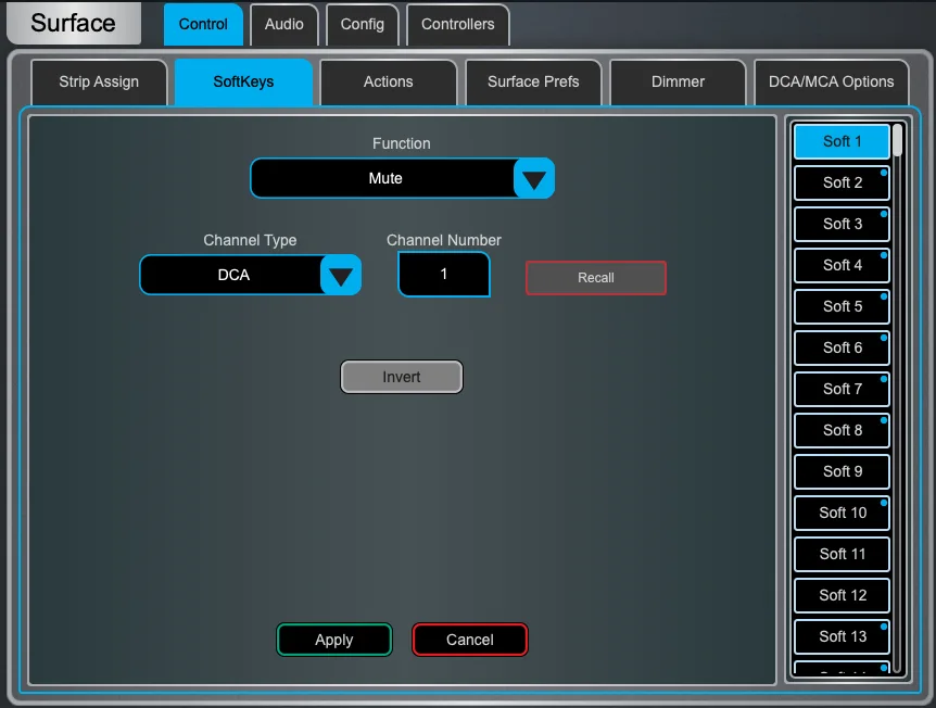 Écran Harmony UI de la dLive, page SoftKeys. Page commune à toutes les surfaces dLive (Firmware Reference Guide V2.0)