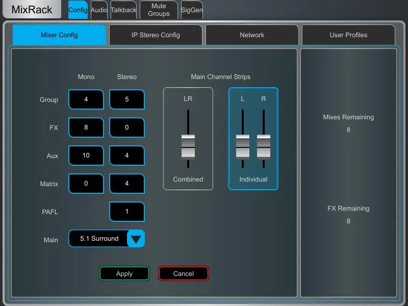 Écran Harmony UI de la dLive, page MixRack, configuration du mixeur (Rack Setup). Page commune à toutes les surfaces dLive (Firmware Reference Guide V2.0)