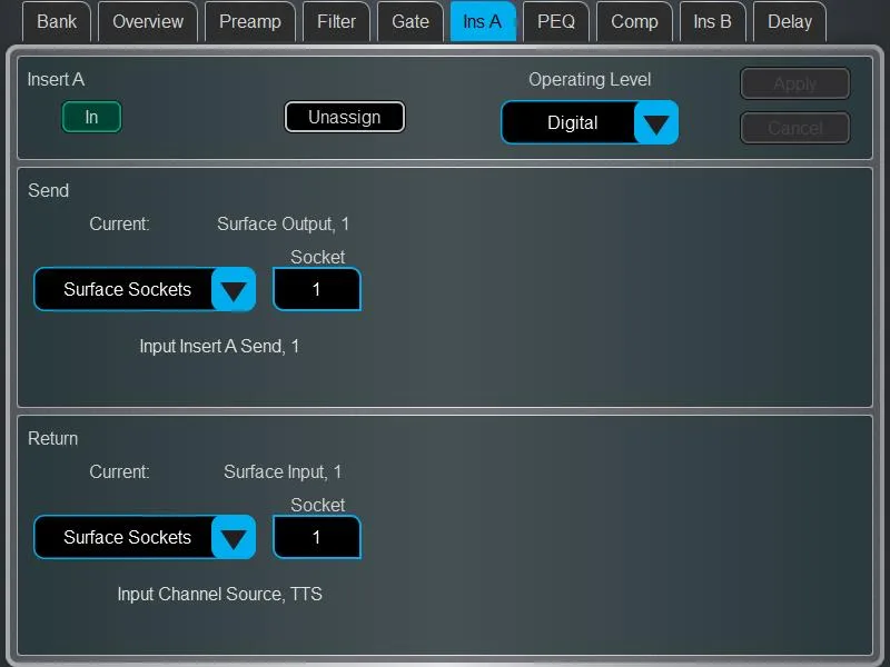 Écran Harmony UI de la dLive, page Insert. Page commune à toutes les surfaces dLive (Firmware Reference Guide V2.0)