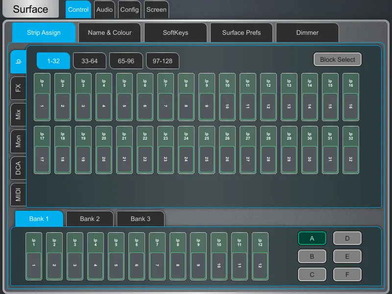 Écran Harmony UI de la dLive, page Surface, affectation des tranches. Page commune à toutes les surfaces dLive (Firmware Reference Guide V2.0)