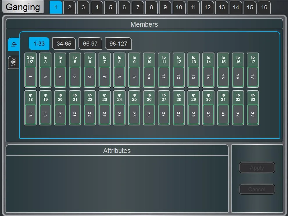 Écran Harmony UI de la dLive, page Ganging. Page commune à toutes les surfaces dLive (Firmware Reference Guide V2.0)