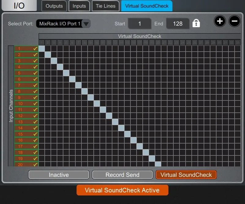 Écran Harmony UI de la dLive, page Virtual SoundCheck. Page commune à toutes les surfaces dLive (Firmware Reference Guide V2.0)