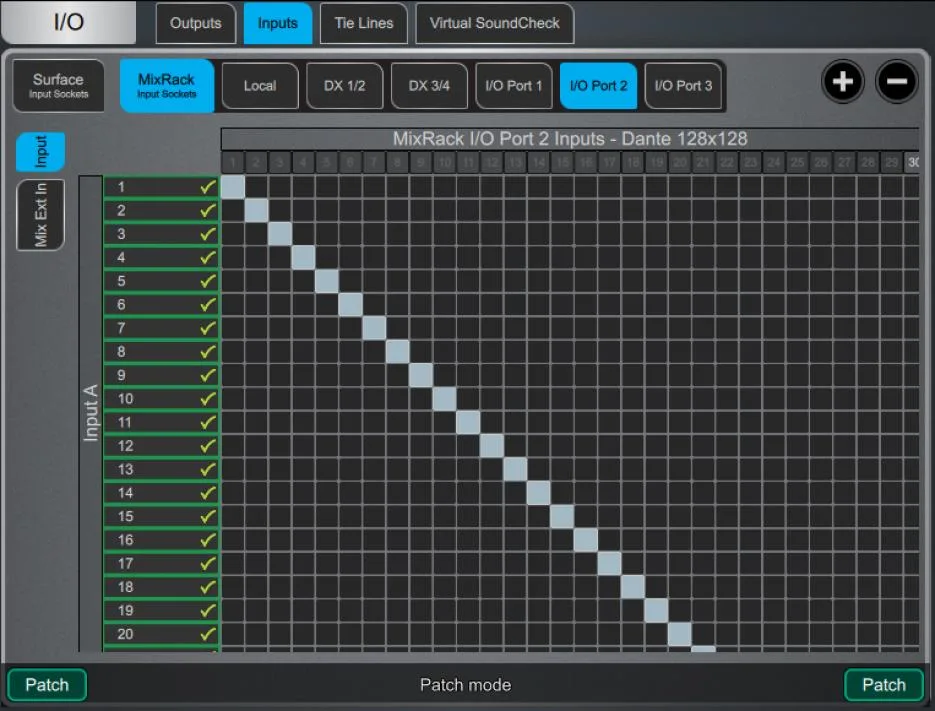 Écran Harmony UI de la dLive, page I/O, patch des entrées. Page commune à toutes les surfaces dLive (Firmware Reference Guide V2.0)