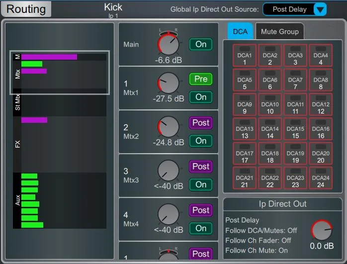 Écran Harmony UI de la dLive, page Routing, envois, DCA et Direct Out. Page commune à toutes les surfaces dLive (Firmware Reference Guide V2.0)