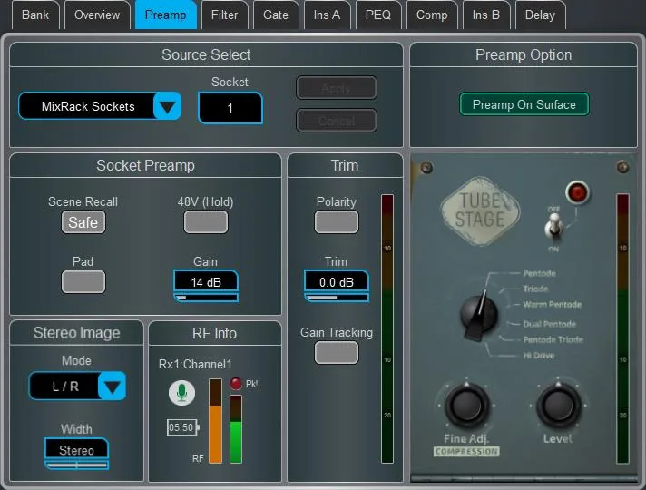 Écran Harmony UI de la dLive, page Preamp avec étage à lampe DEEP. Page commune à toutes les surfaces dLive (Firmware Reference Guide V2.0)