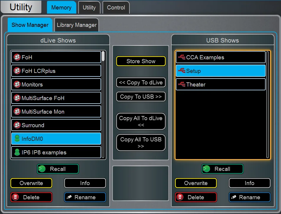 Écran Harmony UI de la dLive, page Show Manager. Page commune à toutes les surfaces dLive (Firmware Reference Guide V2.0)
