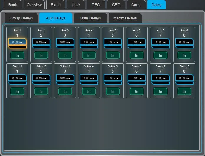 Écran Harmony UI de la dLive, page Delay de voie. Page commune à toutes les surfaces dLive (Firmware Reference Guide V2.0)