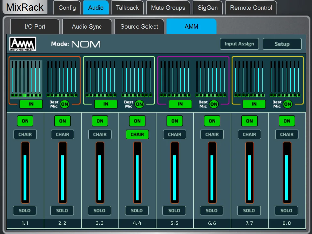 Écran Harmony UI de la dLive, page Automatic Mic Mixer (AMM) en mode NOM. Page commune à toutes les surfaces dLive (Firmware Reference Guide V2.0)